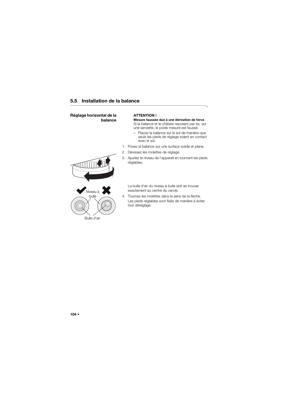 5 installation de la balance, Réglage horizontal de la balance | Seca 675 User Manual | Page 104 / 292