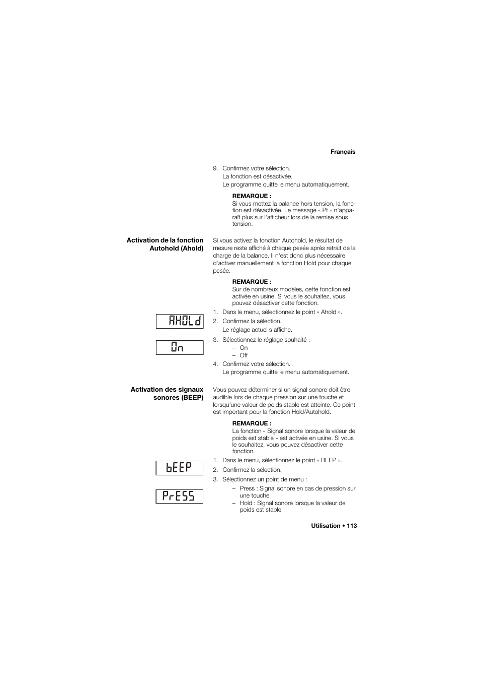 Activation de la fonction autohold (ahold), Activation des signaux sonores (beep) | Seca 675 User Manual | Page 113 / 292