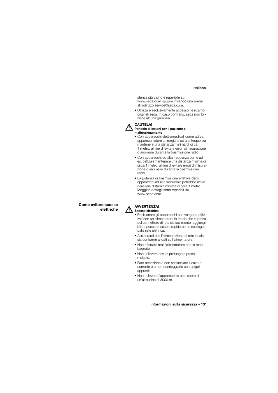 Come evitare scosse elettriche | Seca 675 User Manual | Page 131 / 292
