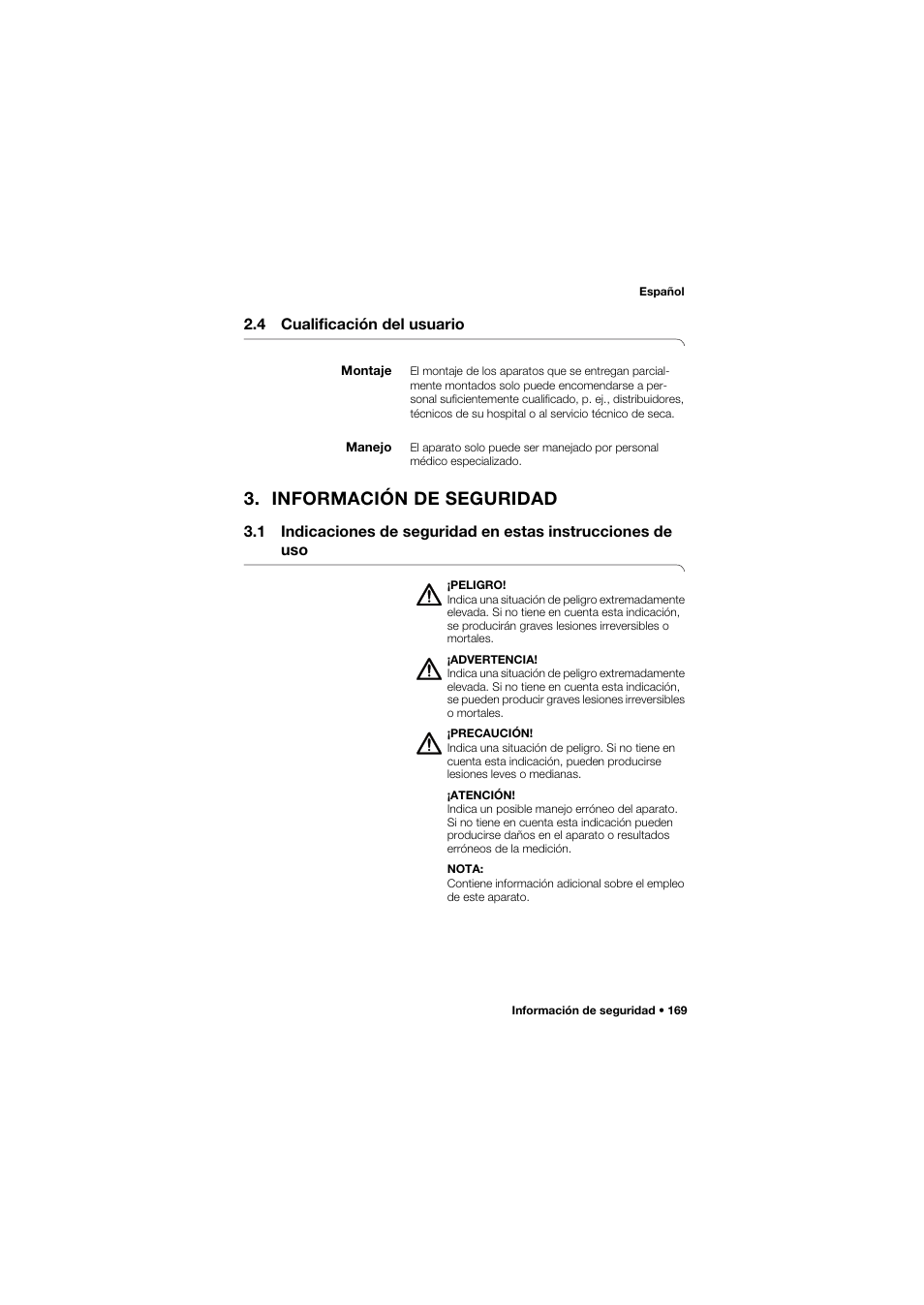 4 cualificación del usuario, Montaje, Manejo | Información de seguridad | Seca 675 User Manual | Page 169 / 292