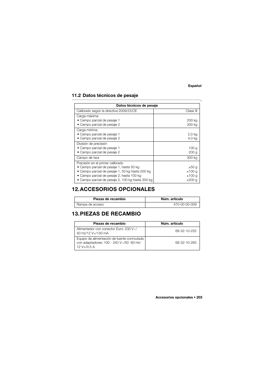 2 datos técnicos de pesaje, Accesorios opcionales, Piezas de recambio | Accesorios opcionales 13.piezas de recambio | Seca 675 User Manual | Page 203 / 292