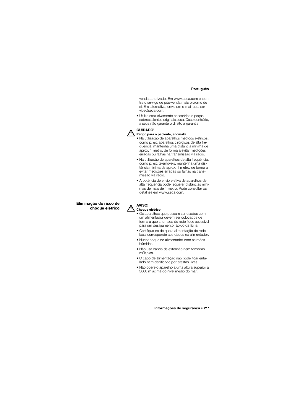 Eliminação do risco de choque elétrico | Seca 675 User Manual | Page 211 / 292