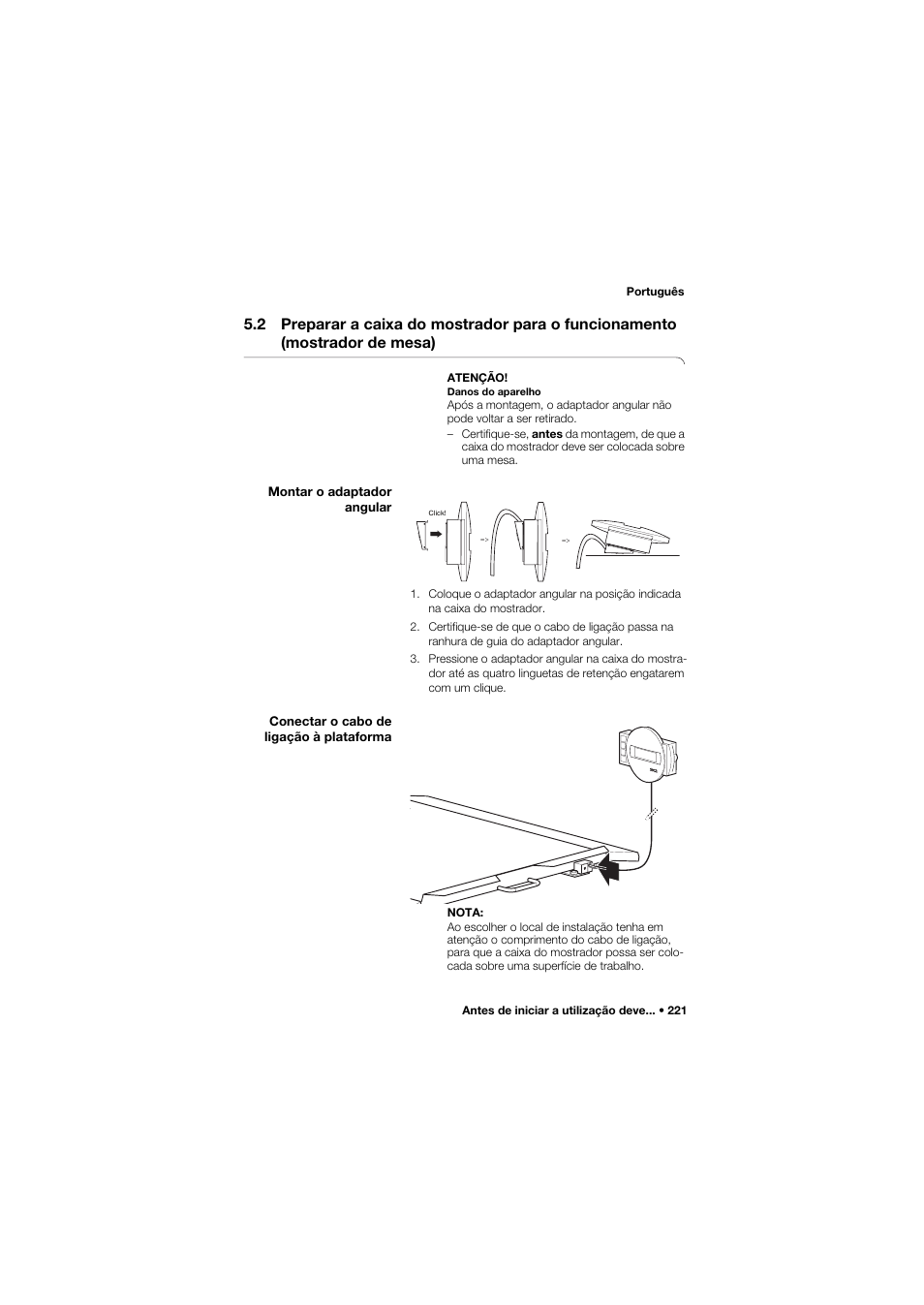 Montar o adaptador angular, Conectar o cabo de ligação à plataforma | Seca 675 User Manual | Page 221 / 292