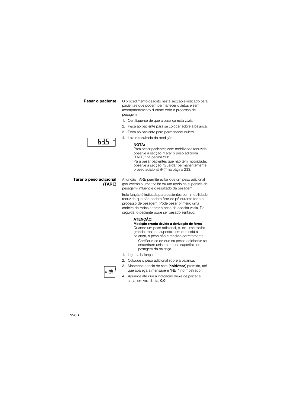 Pesar o paciente, Tarar o peso adicional (tare) | Seca 675 User Manual | Page 228 / 292
