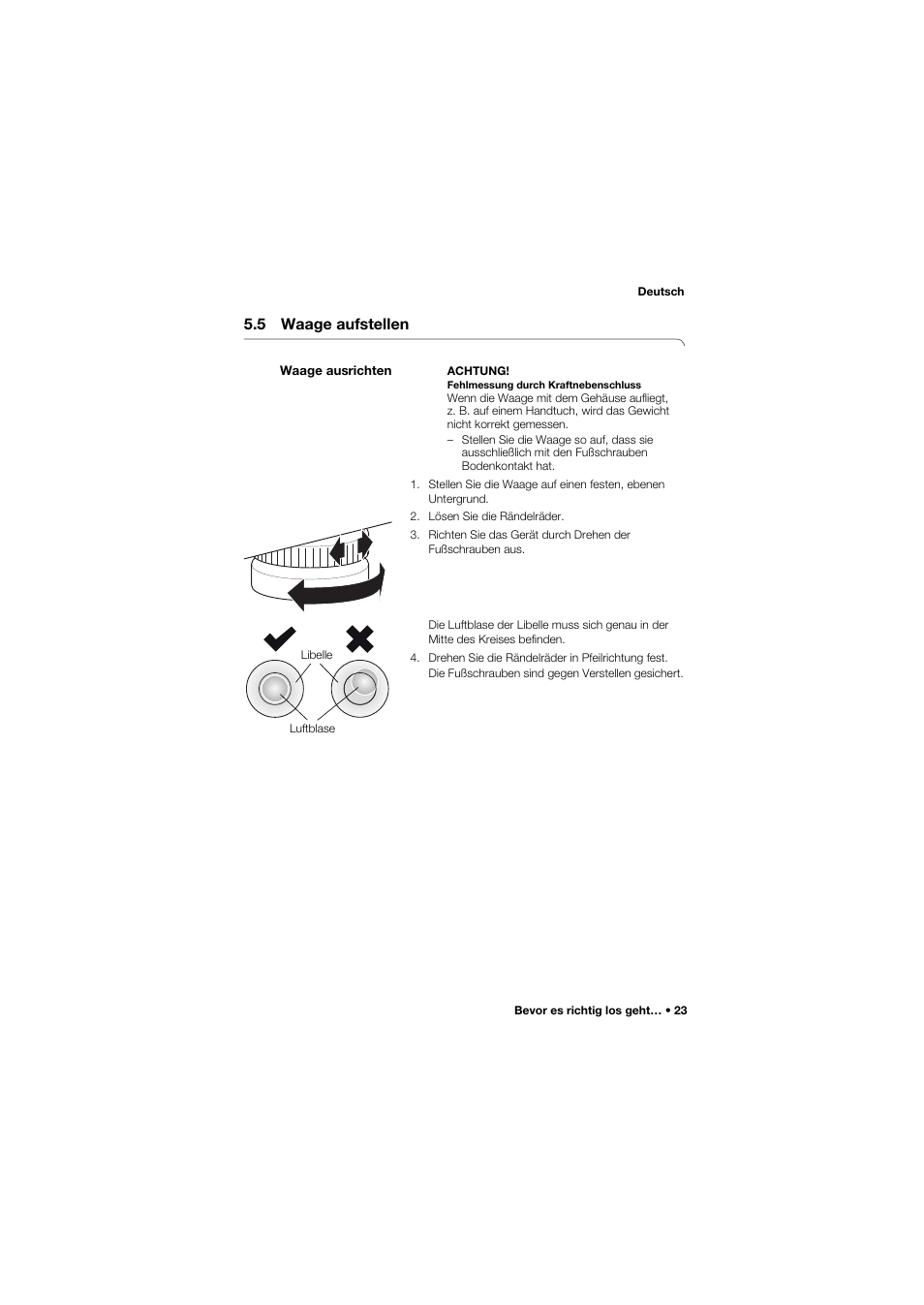 5 waage aufstellen, Waage ausrichten | Seca 675 User Manual | Page 23 / 292