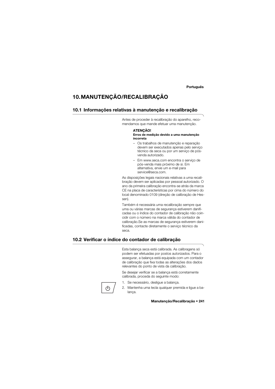 Manutenção/recalibração, 2 verificar o índice do contador de calibração | Seca 675 User Manual | Page 241 / 292