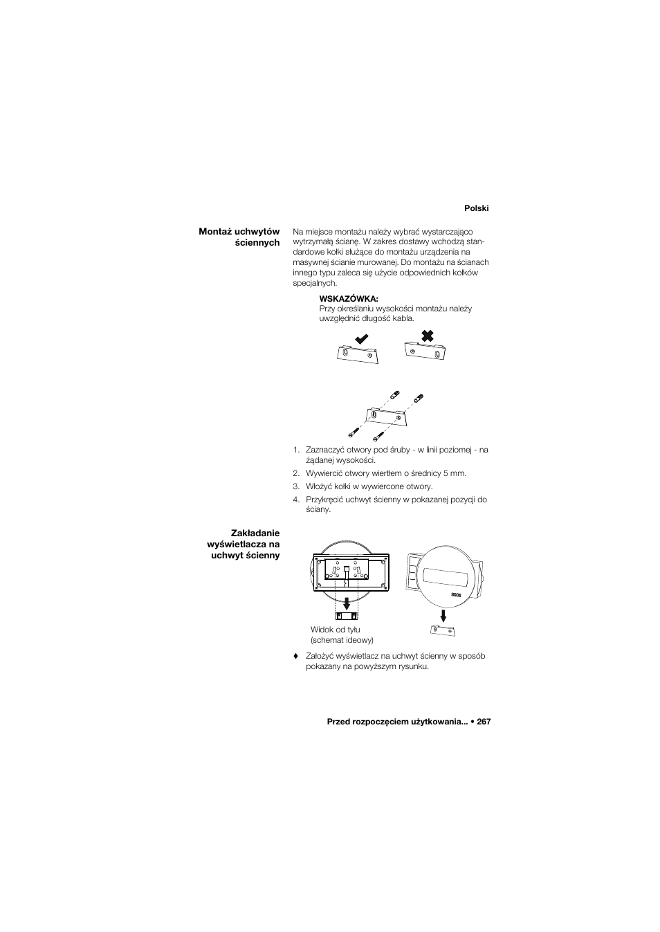 Montaż uchwytów ściennych, Zakładanie wyświetlacza na uchwyt ścienny | Seca 675 User Manual | Page 267 / 292
