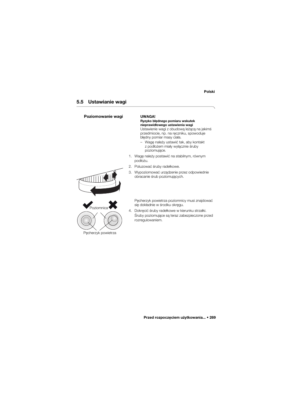 5 ustawianie wagi, Poziomowanie wagi | Seca 675 User Manual | Page 269 / 292