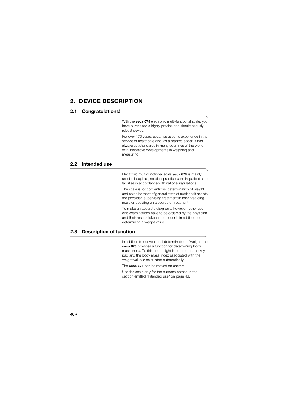 Device description, 1 congratulations, 2 intended use | 3 description of function | Seca 675 User Manual | Page 46 / 292