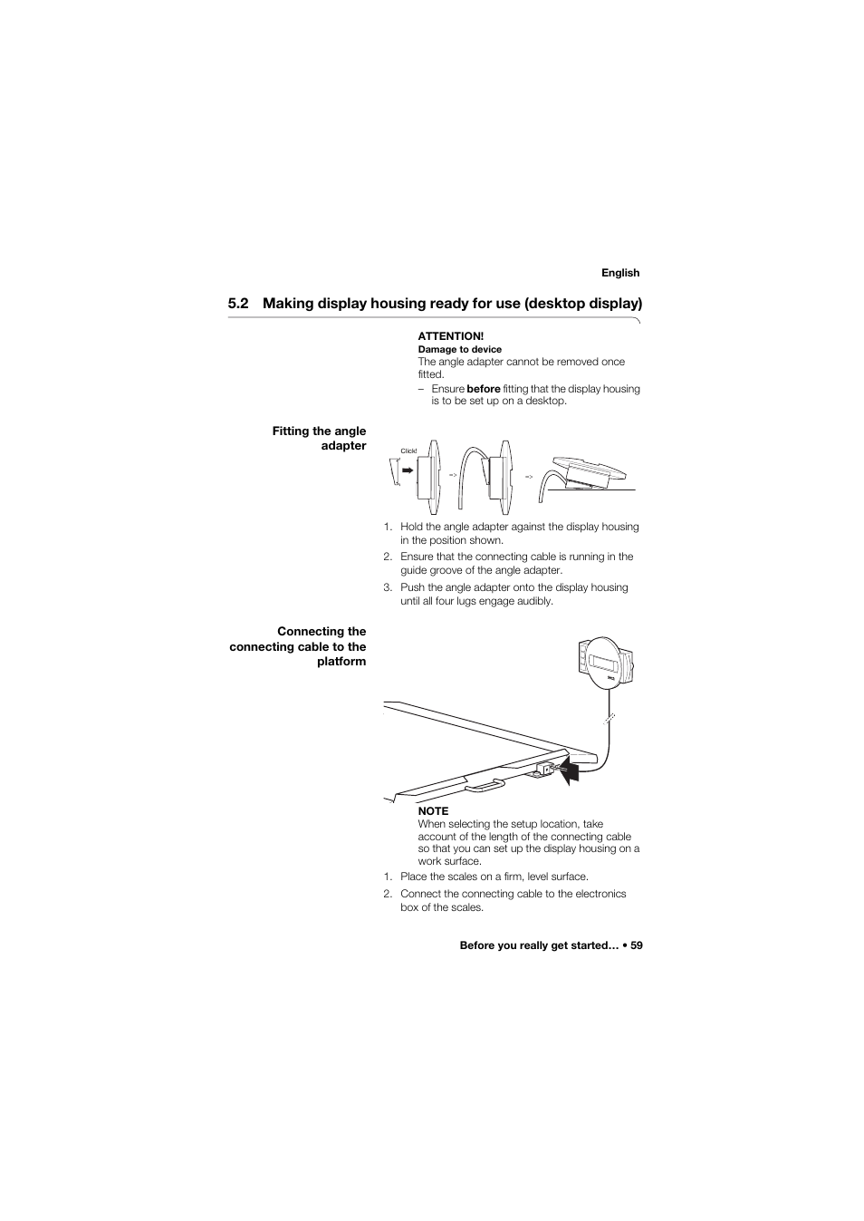 Fitting the angle adapter, Connecting the connecting cable to the platform | Seca 675 User Manual | Page 59 / 292