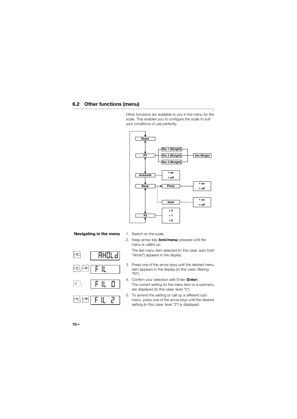 2 other functions (menu), Navigating in the menu | Seca 675 User Manual | Page 70 / 292