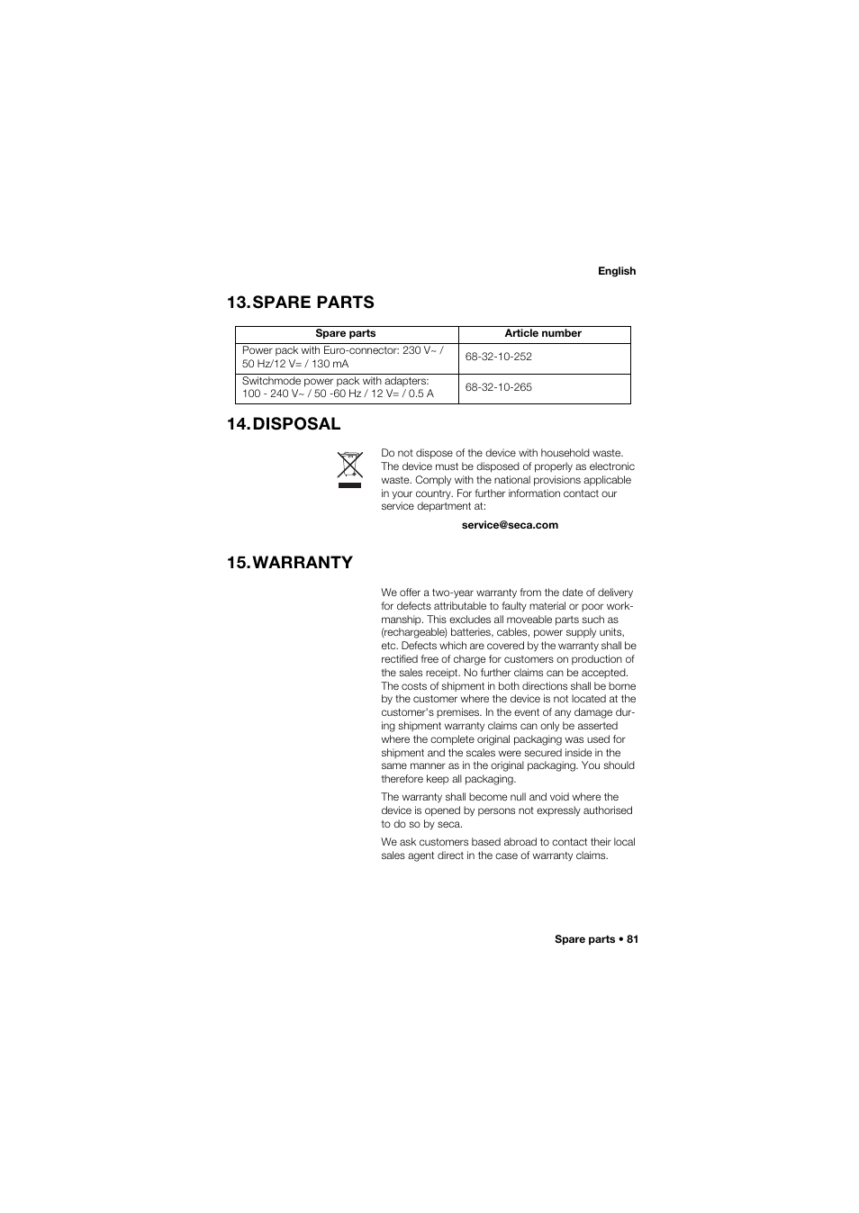 Spare parts, Disposal, Warranty | Spare parts 14.disposal | Seca 675 User Manual | Page 81 / 292