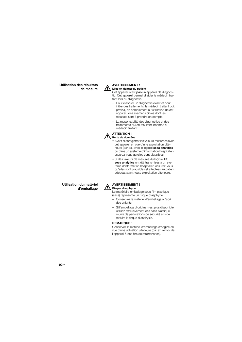 Utilisation des résultats de mesure, Utilisation du matériel d'emballage | Seca 675 User Manual | Page 92 / 292