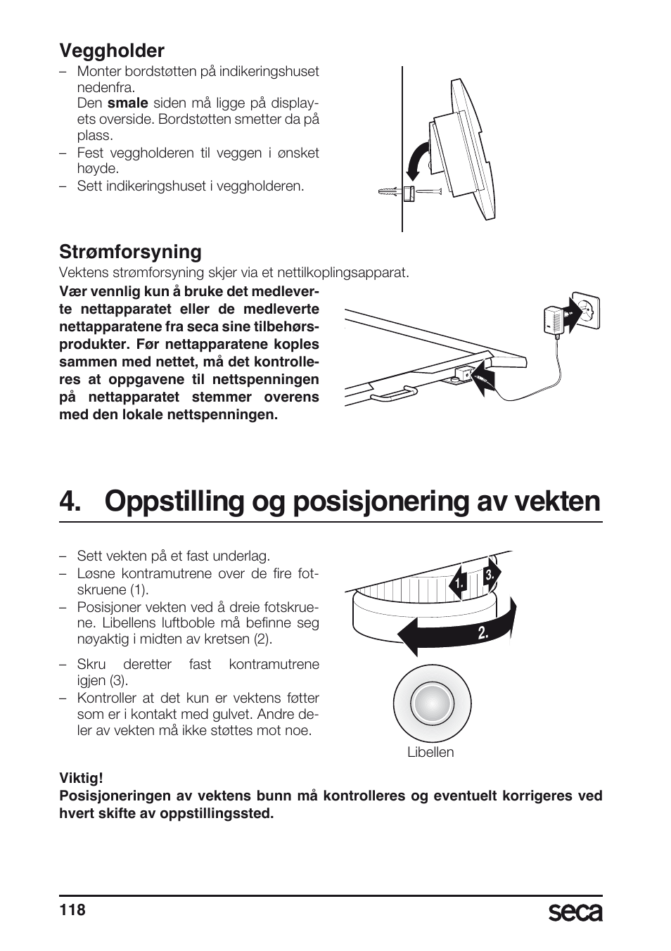 Veggholder, Strømforsyning, Oppstilling og posisjonering av vekten | Libelle | Seca 675 User Manual | Page 118 / 214