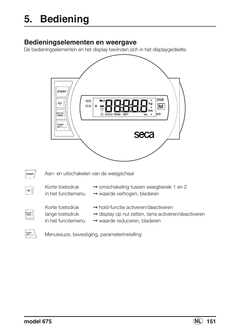 Bediening, Bedieningselementen en weergave | Seca 675 User Manual | Page 151 / 214