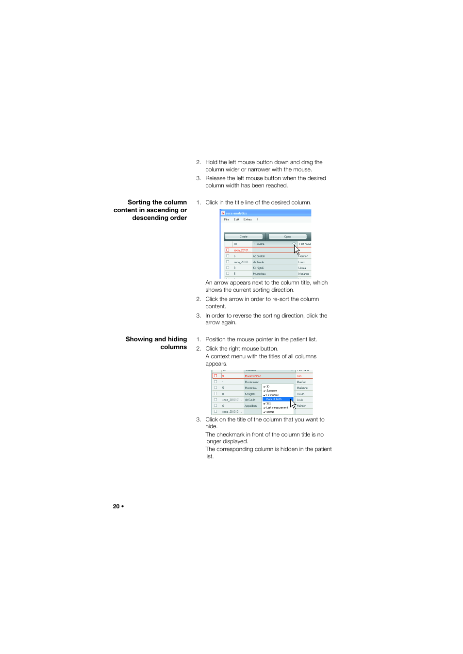 Showing and hiding columns, Sorting the column content in, Ascending or descending order | Showing and hiding columns . 20 | Seca Analitics 115 User Manual | Page 20 / 77