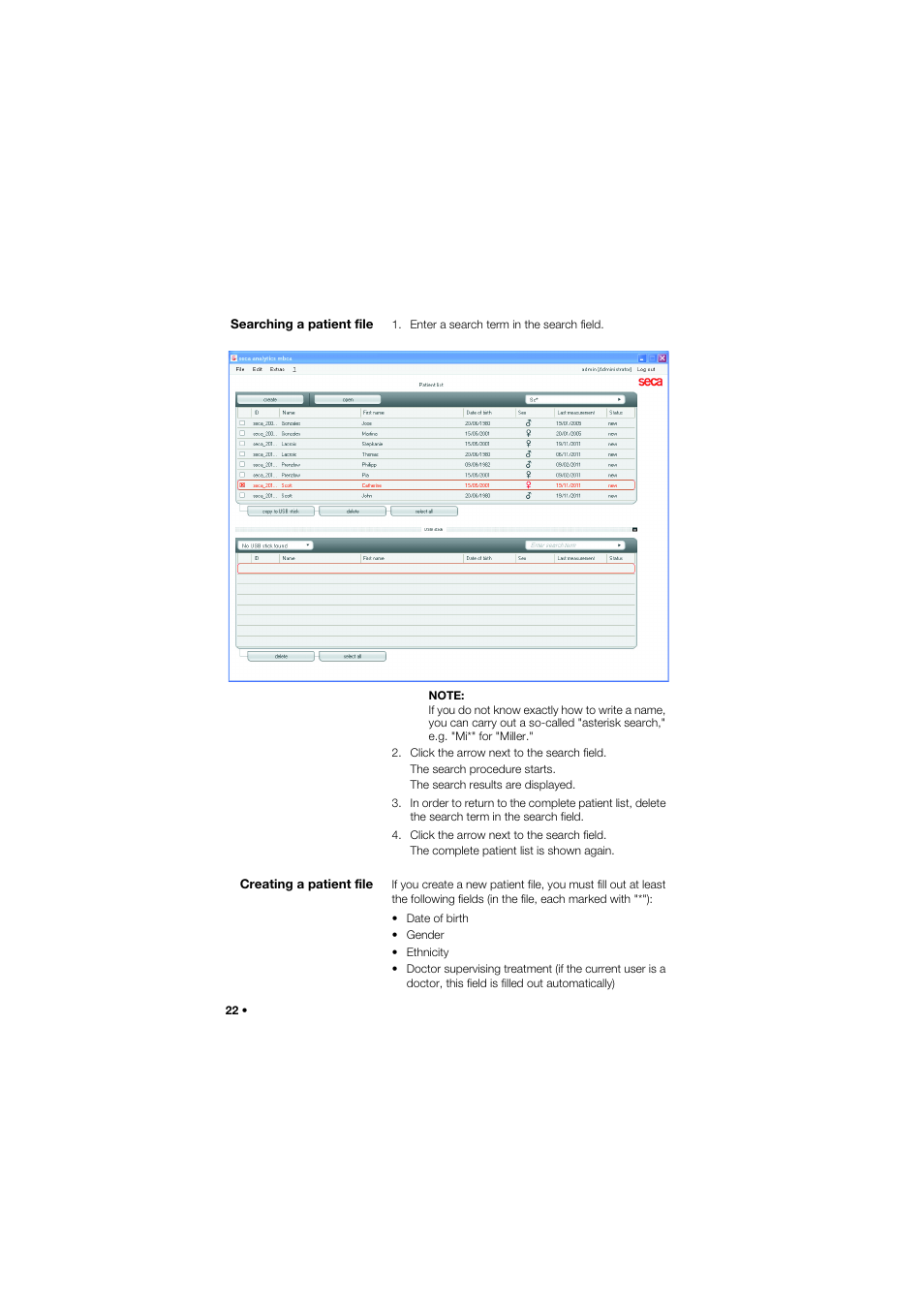 Searching a patient file, Creating a patient file, Searching a patient file creating a patient file | Screenshot | Seca Analitics 115 User Manual | Page 22 / 77