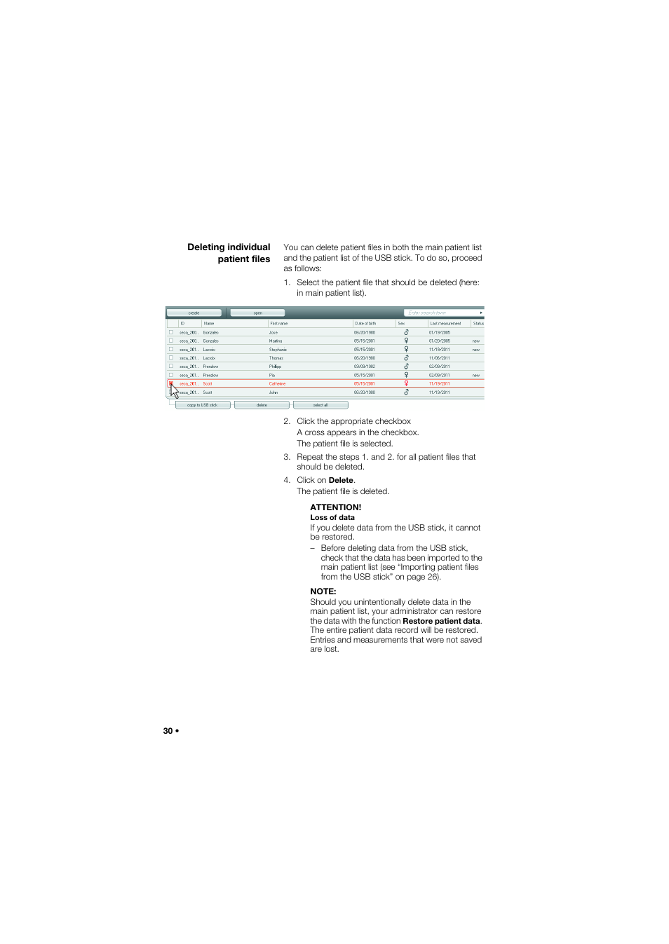 Deleting individual patient files, Deleting individual patient files 30 | Seca Analitics 115 User Manual | Page 30 / 77