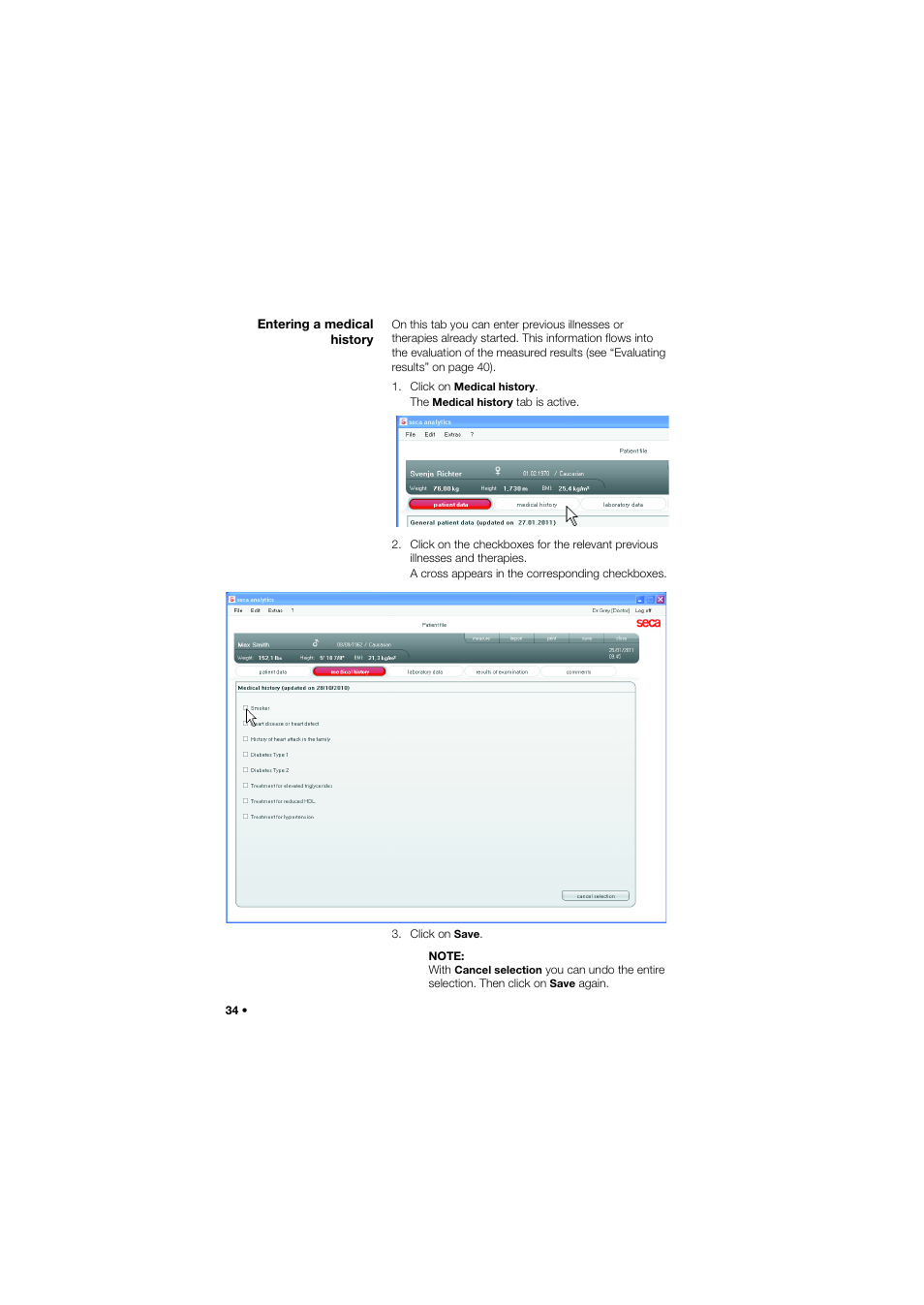 Entering a medical history | Seca Analitics 115 User Manual | Page 34 / 77