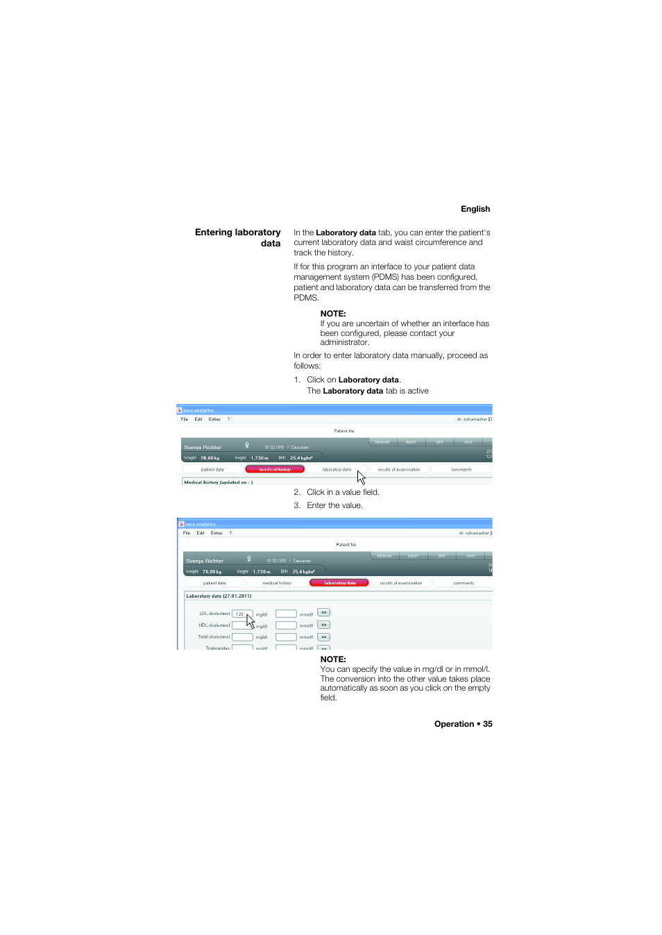 Entering laboratory data | Seca Analitics 115 User Manual | Page 35 / 77