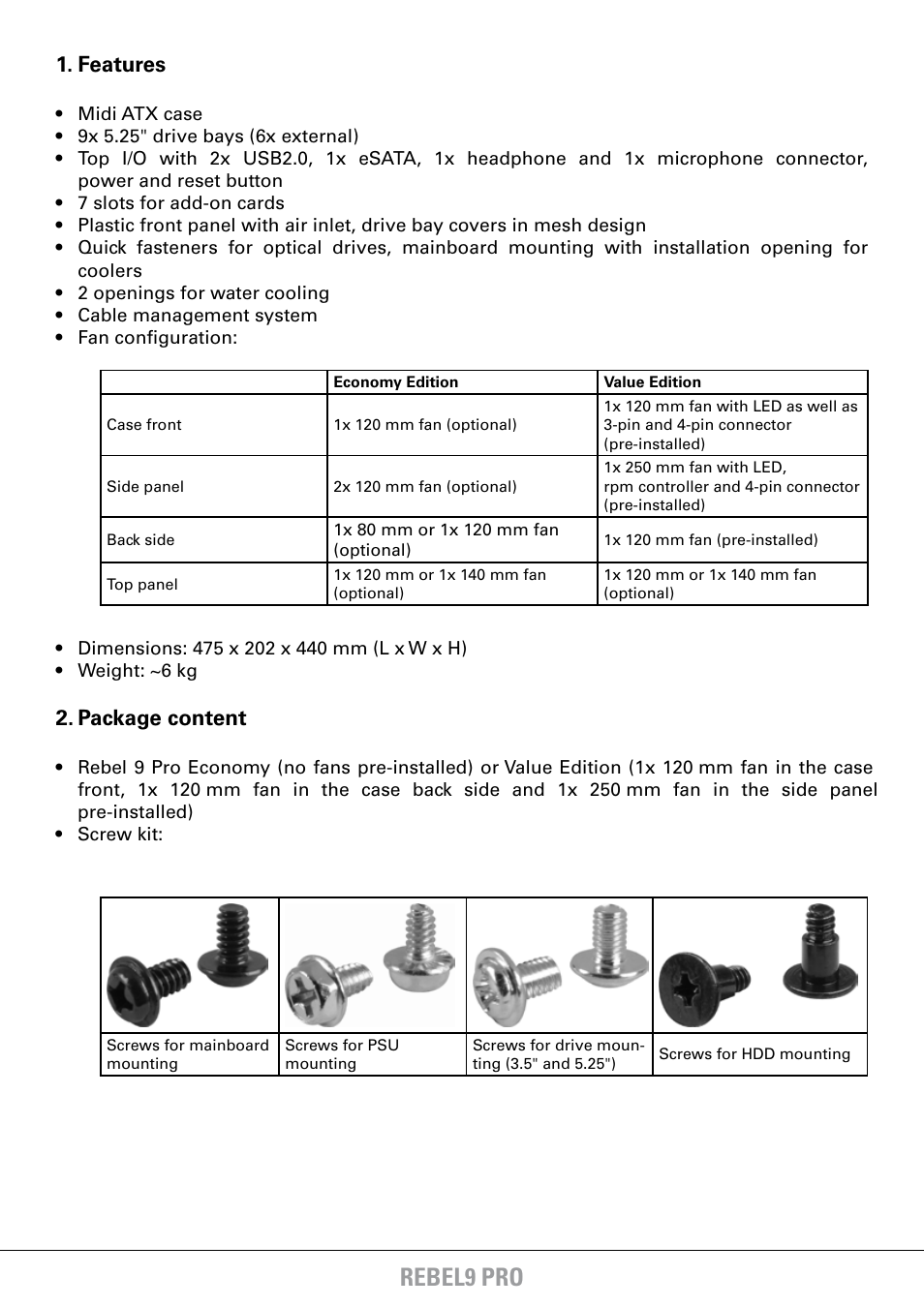 Rebel9 pro, Features, Package content | SHARKOON Rebel9 Pro Economy User Manual | Page 3 / 16