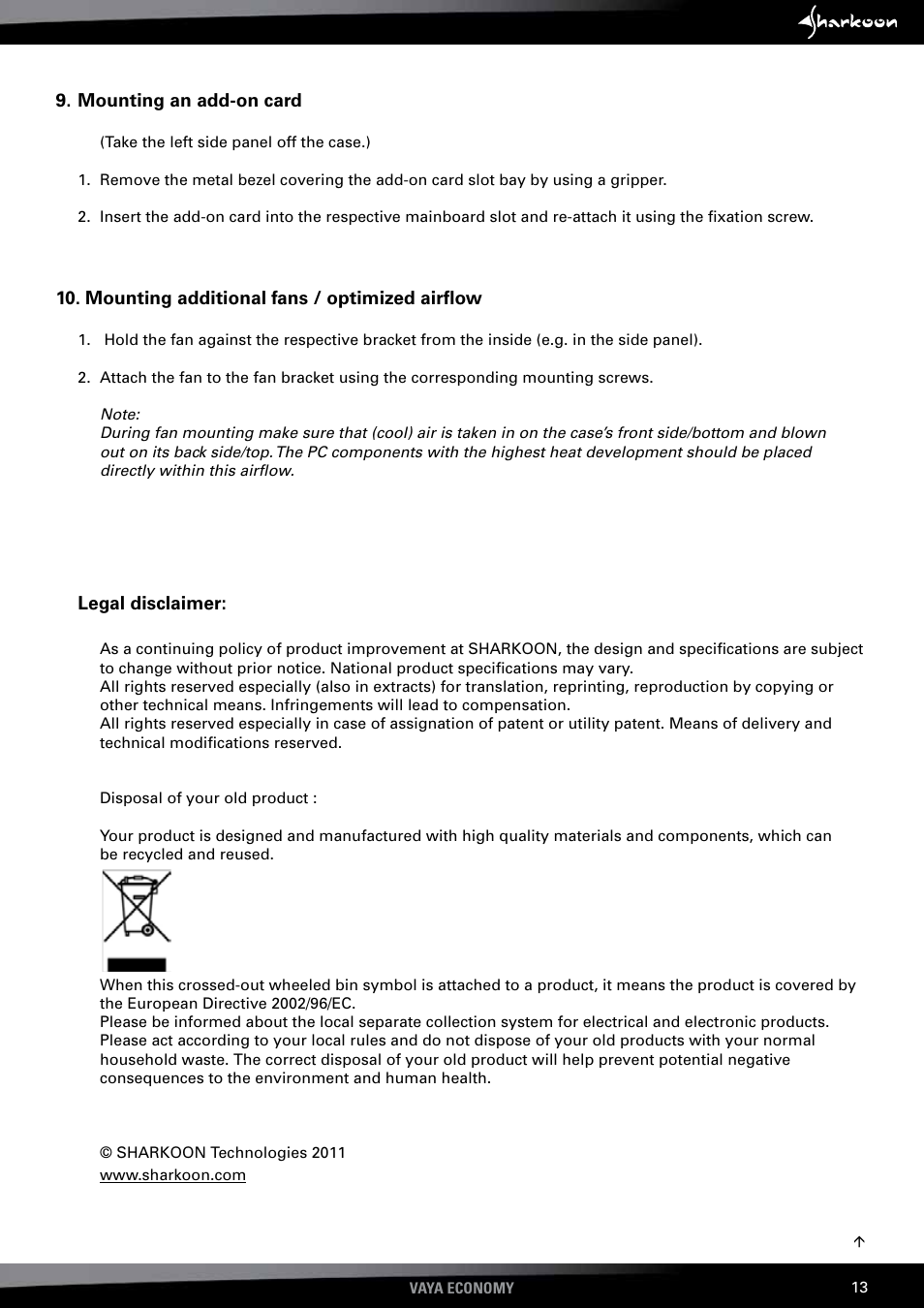 Mounting, Add-on, Card | Mounting additional fans / optimized airflow | SHARKOON Vaya Value User Manual | Page 15 / 15