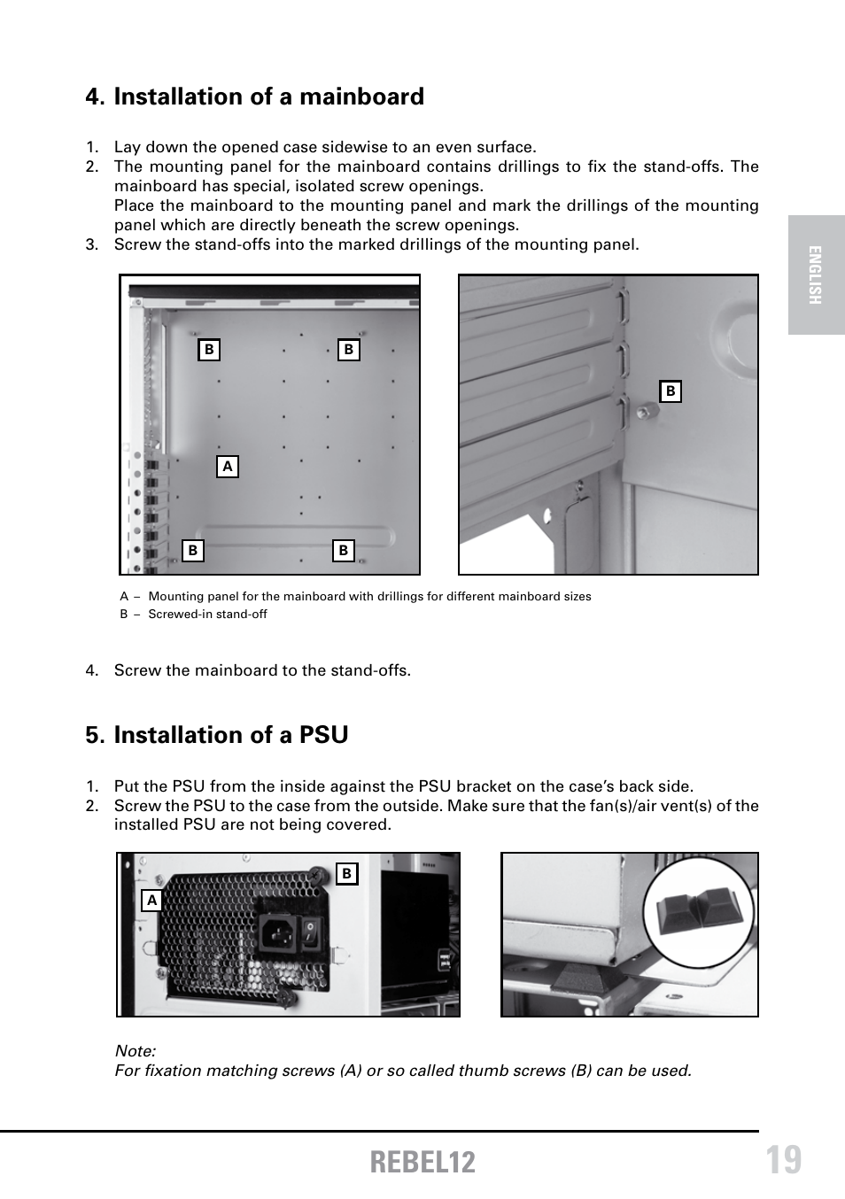 Rebel12, Installation of a mainboard, Installation of a psu | SHARKOON Rebel12 Economy User Manual | Page 6 / 11