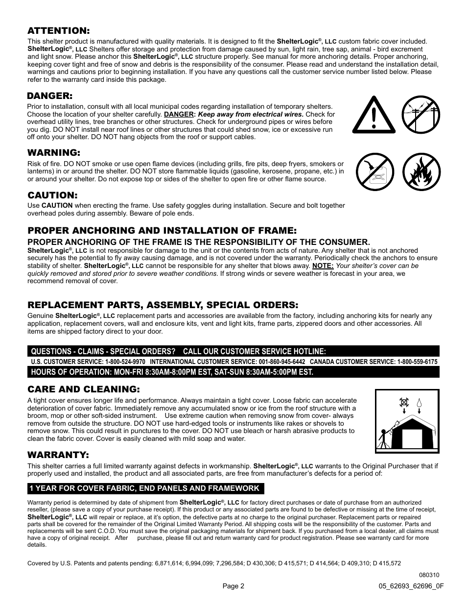 Warning: caution, Proper anchoring and installation of frame, Care and cleaning | Attention, Danger, Replacement parts, assembly, special orders, Warranty | ShelterLogic 62696 13 x 20 x 12 Garage-in-a-Box SUV/Truck User Manual | Page 2 / 27