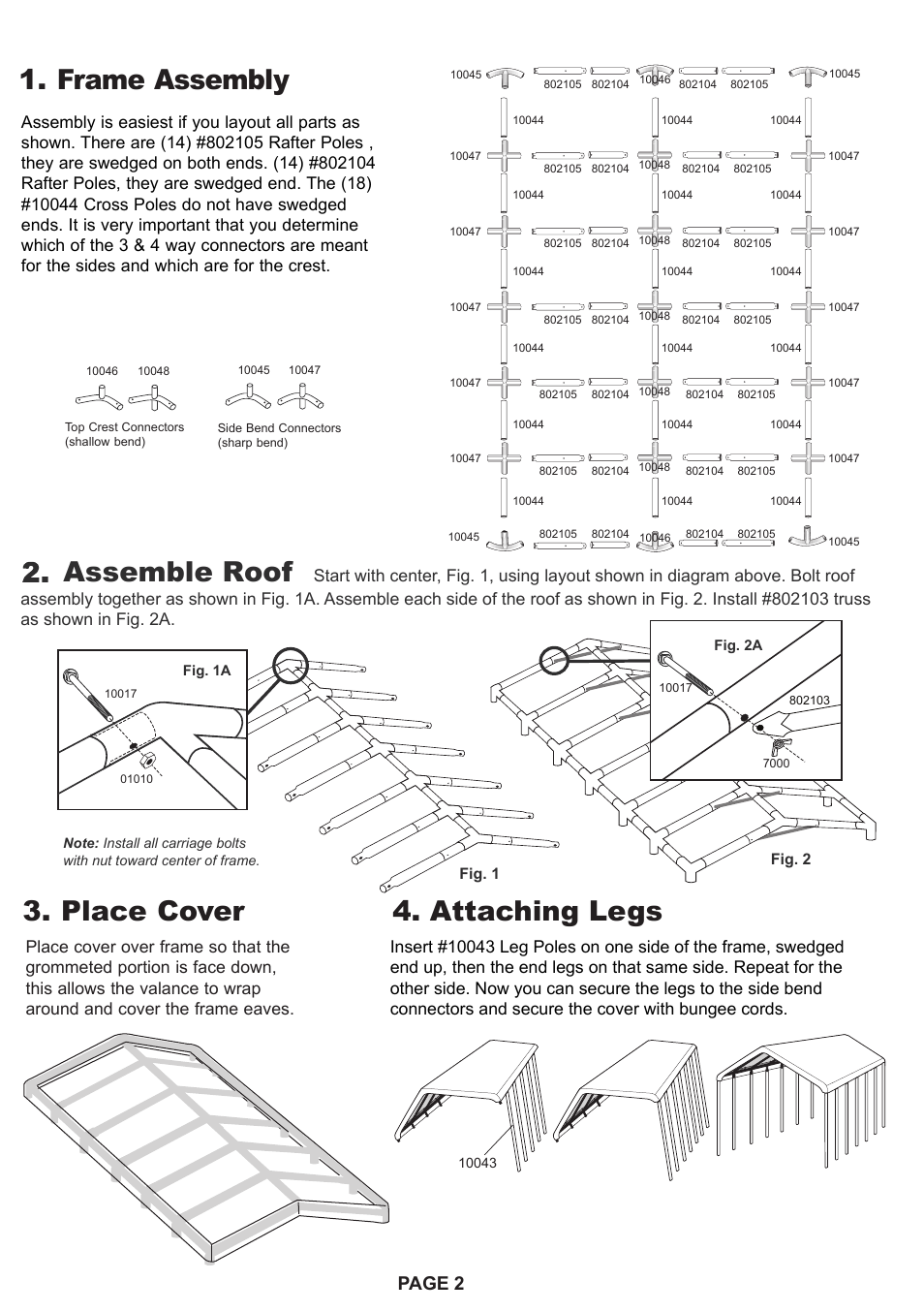 Frame assembly 4. attaching legs 3. place cover, Assemble roof, Page 2 | ShelterLogic 26764 18 x 40 Super Max Canopy User Manual | Page 2 / 4