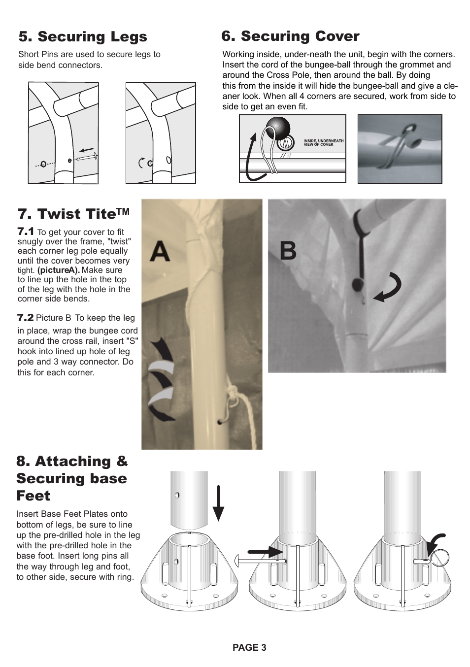 Twist tite 8. attaching & securing base feet, Securing cover, Securing legs | ShelterLogic 26764 18 x 40 Super Max Canopy User Manual | Page 3 / 4