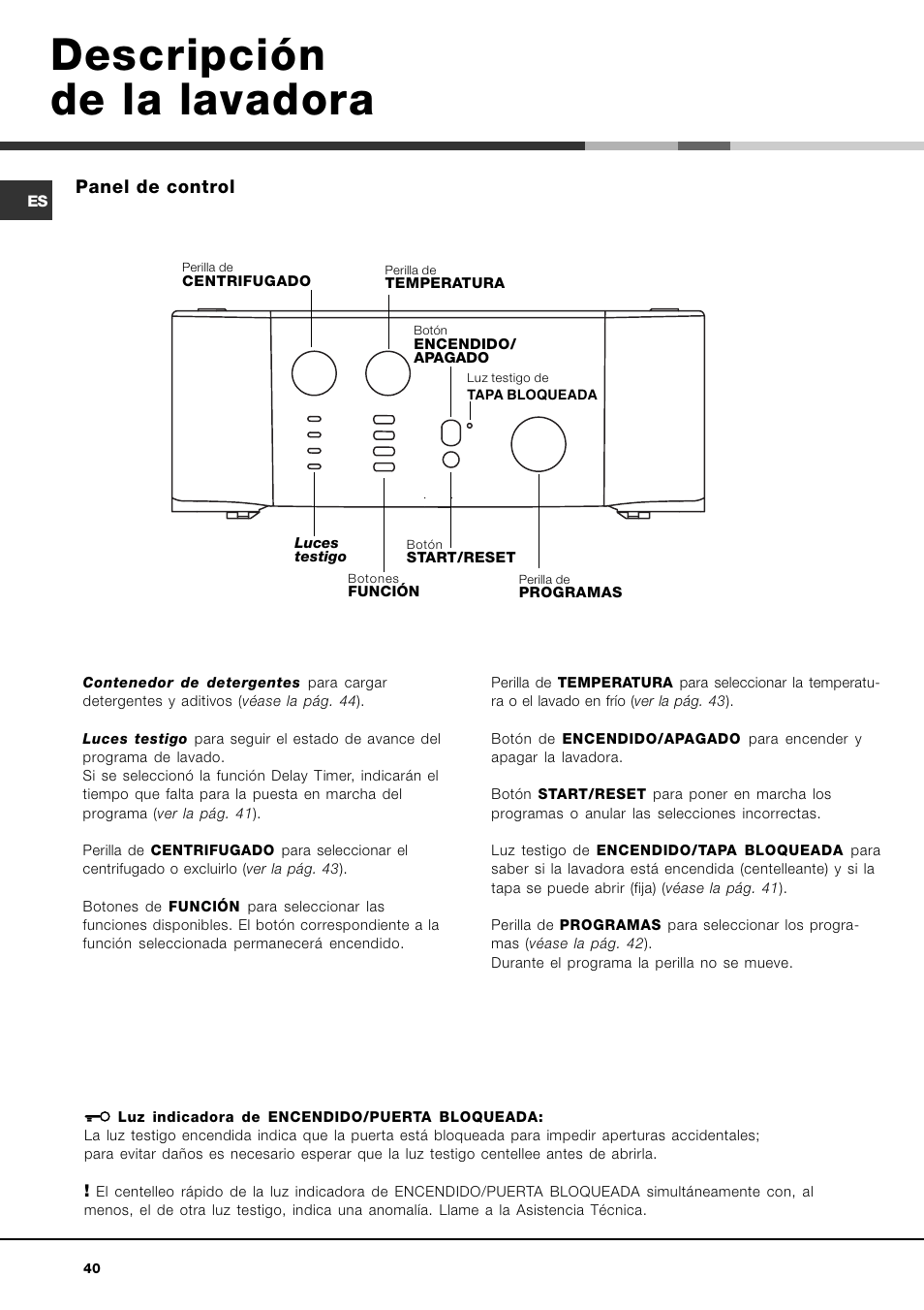 Descripción de la lavadora | Hotpoint Ariston AVTL 83 User Manual | Page 40 / 72