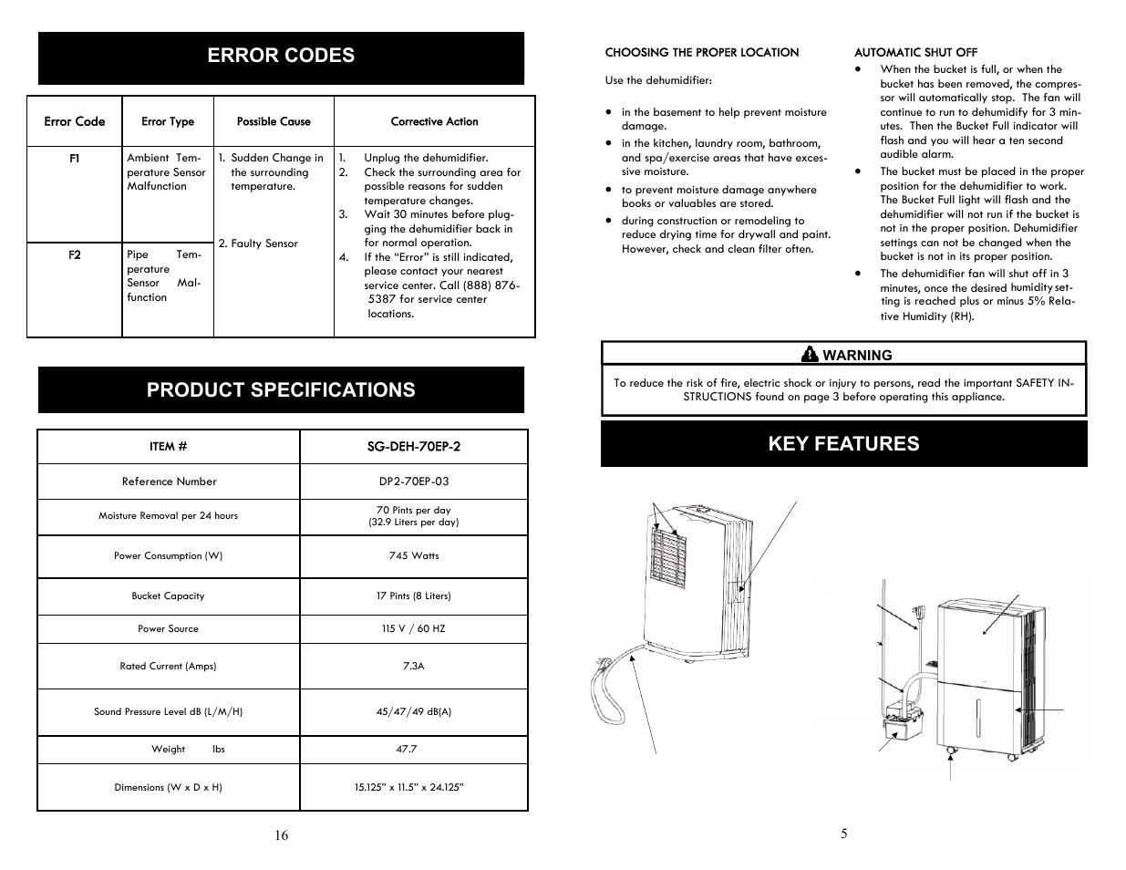 Troubleshooting product specifications, Error codes, Key features | SoleusAir SG-DEH-70E-2 User Manual | Page 5 / 10