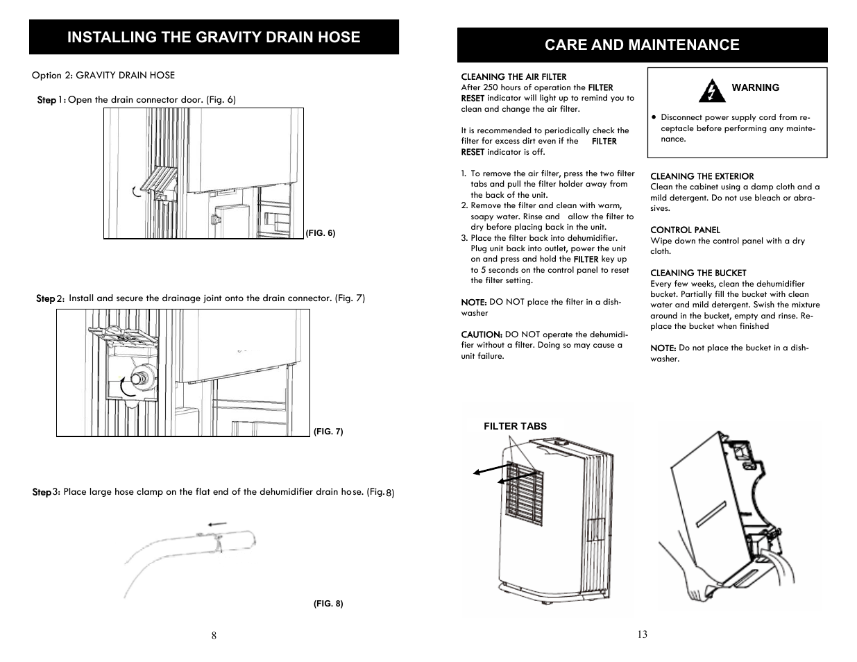 Installing the gravity drain hose, Care and maintenance | SoleusAir SG-DEH-70E-2 User Manual | Page 8 / 10