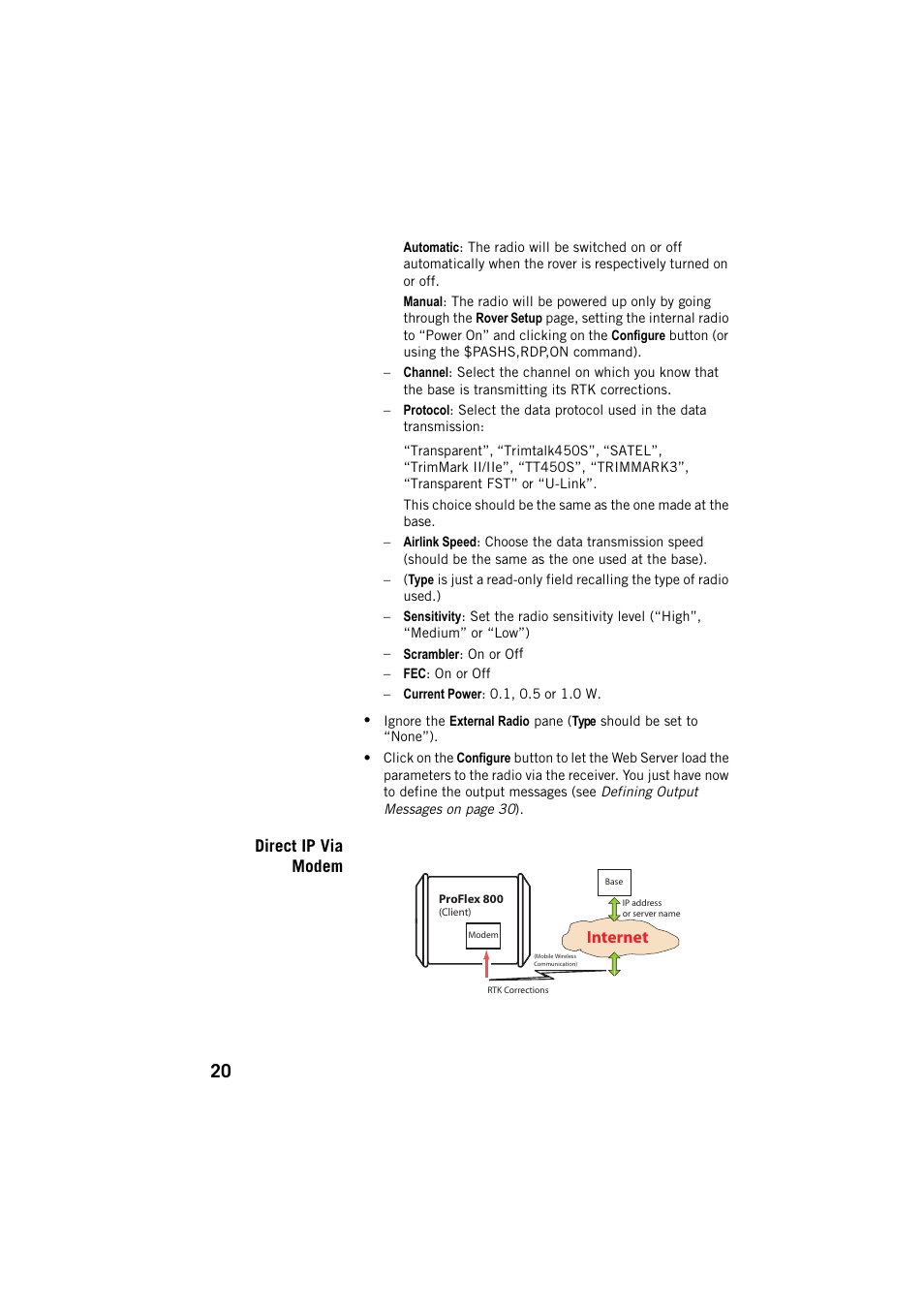Direct ip via modem | Spectra Precision ProFlex 800 Web Server User Manual | Page 24 / 64