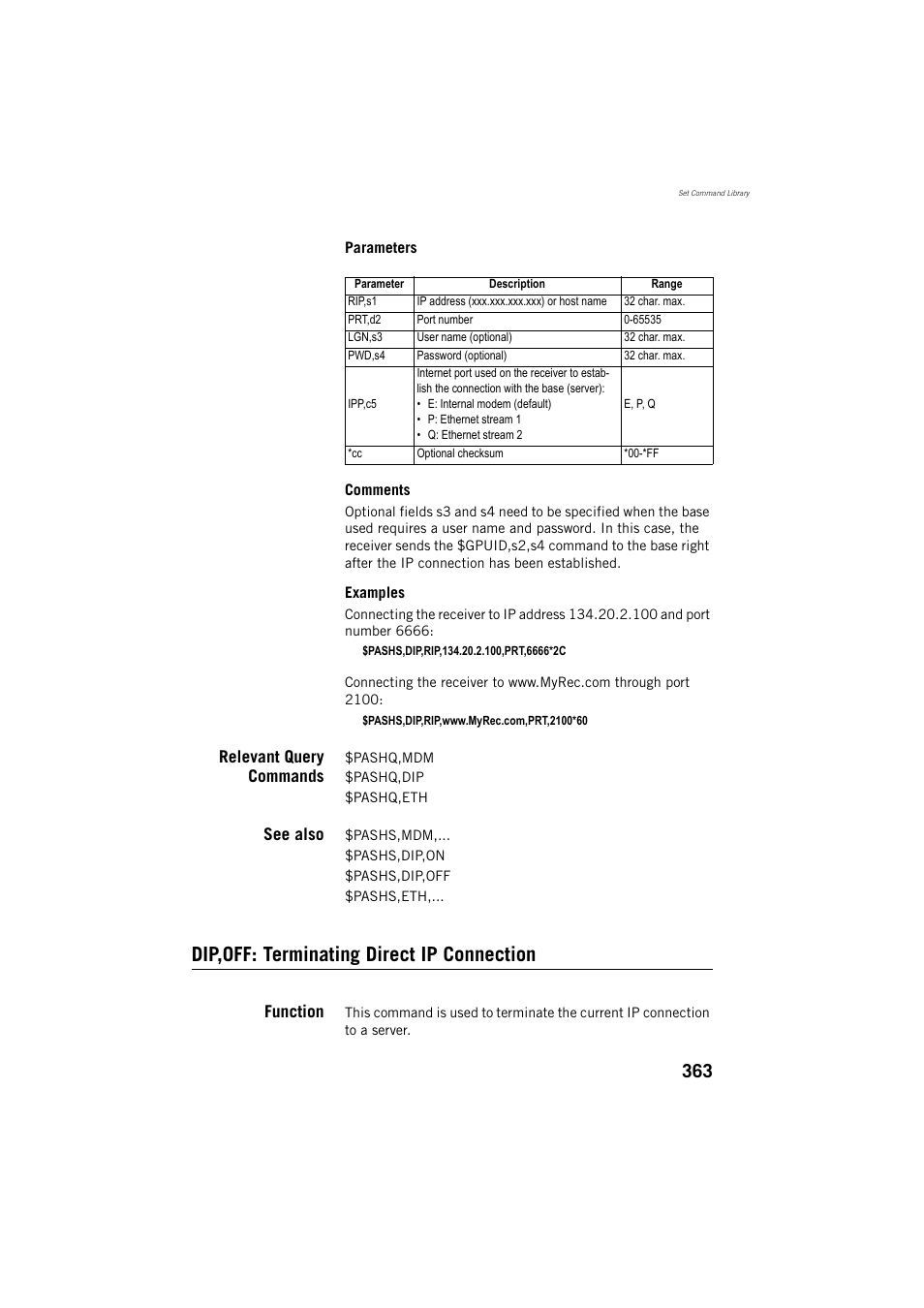 Relevant query commands, See also, Dip,off: terminating direct ip connection | Function | Spectra Precision ProFlex 800 Reference Manual User Manual | Page 377 / 748