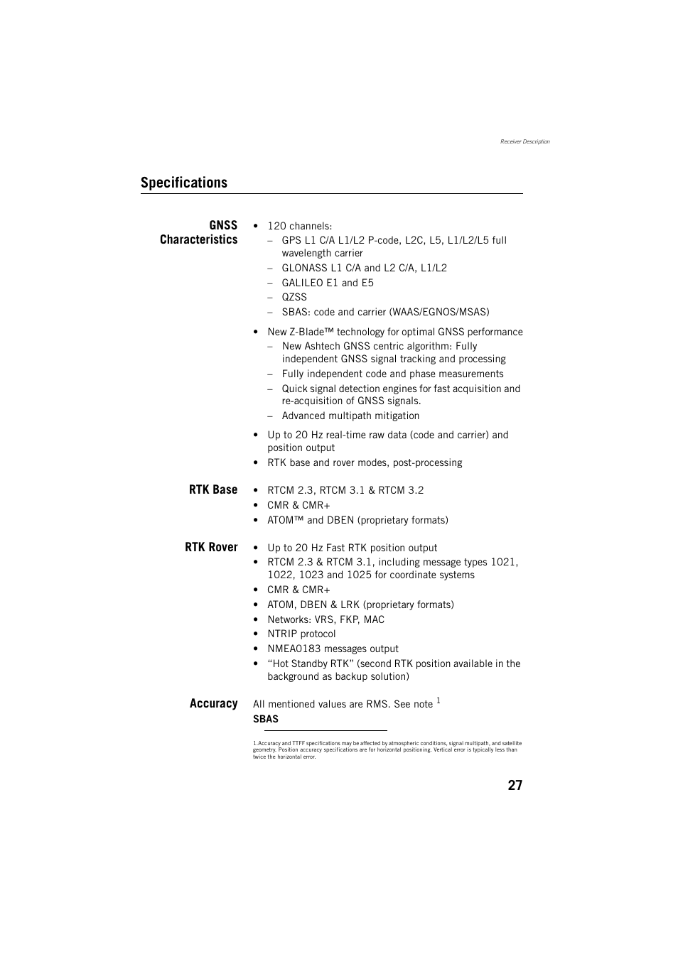 Specifications, Gnss characteristics, Rtk base | Rtk rover, Accuracy | Spectra Precision ProFlex 800 Reference Manual User Manual | Page 41 / 748