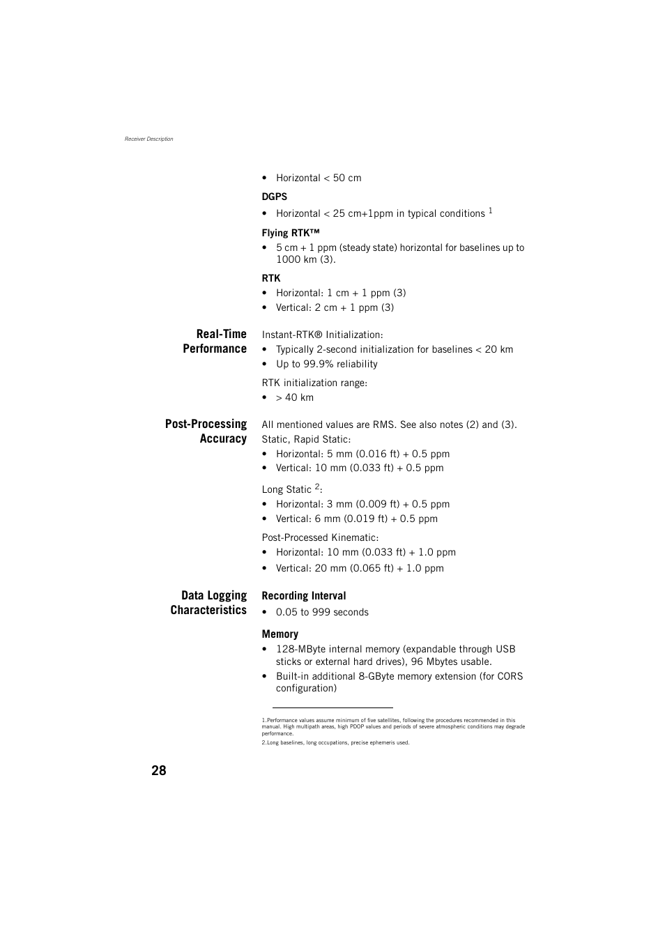 Real-time performance, Post-processing accuracy, Data logging characteristics | Spectra Precision ProFlex 800 Reference Manual User Manual | Page 42 / 748