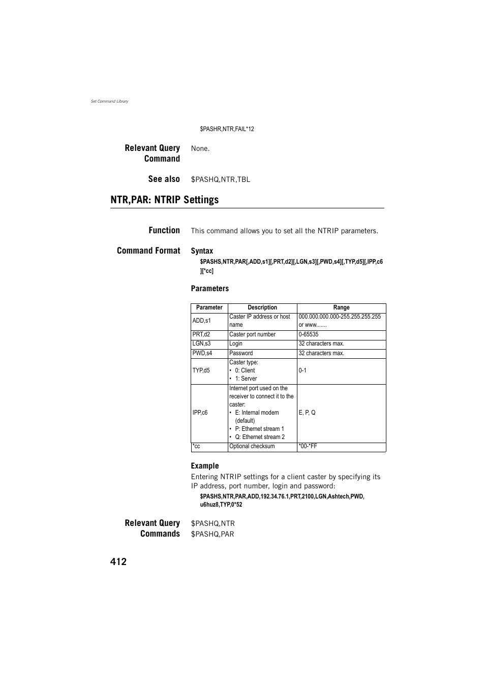 Relevant query command, See also, Ntr,par: ntrip settings | Function, Command format, Relevant query commands | Spectra Precision ProFlex 800 Reference Manual User Manual | Page 426 / 748