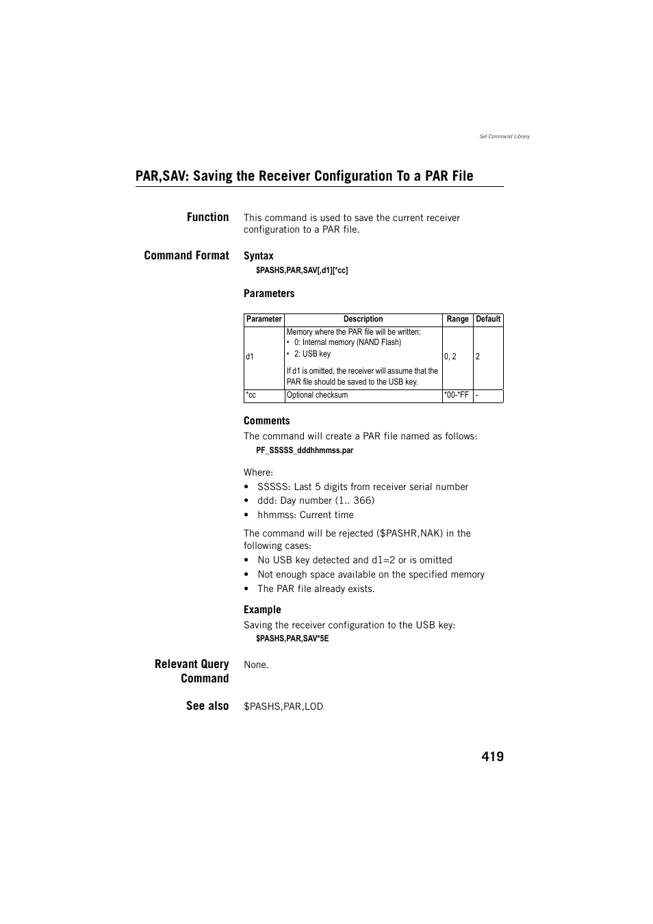 Function, Command format, Relevant query command | See also | Spectra Precision ProFlex 800 Reference Manual User Manual | Page 433 / 748
