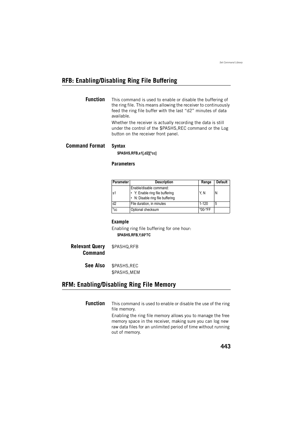 Rfb: enabling/disabling ring file buffering, Function, Command format | Relevant query command, See also, Rfm: enabling/disabling ring file memory | Spectra Precision ProFlex 800 Reference Manual User Manual | Page 457 / 748