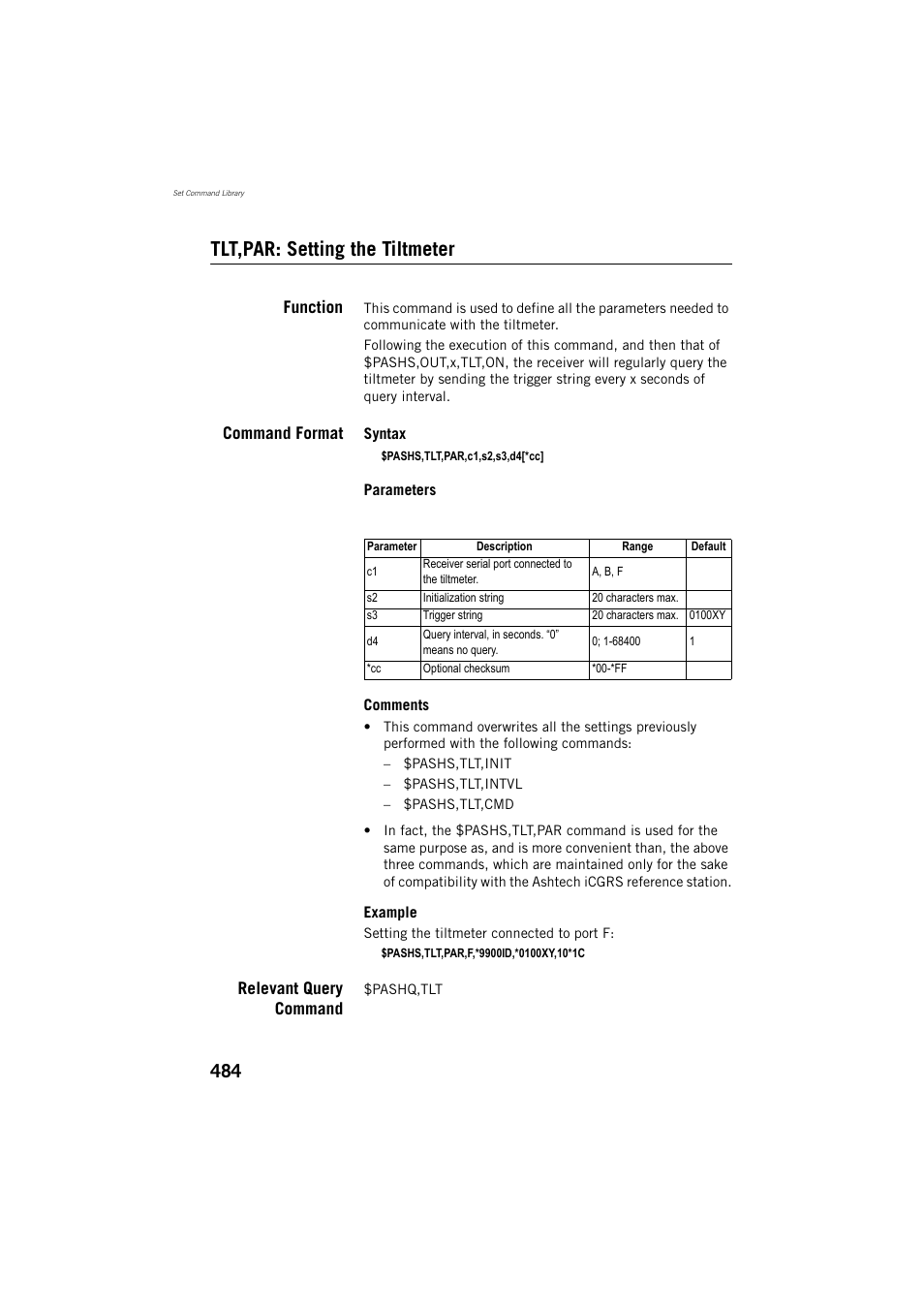 Tlt,par: setting the tiltmeter, Function, Command format | Relevant query command | Spectra Precision ProFlex 800 Reference Manual User Manual | Page 498 / 748