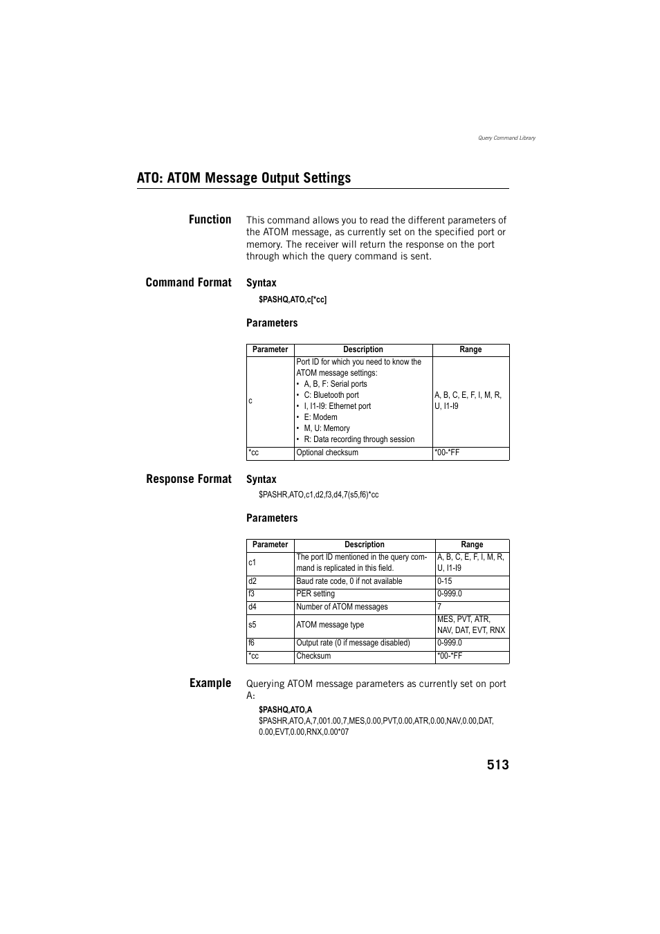 Ato: atom message output settings, Function, Command format | Response format, Example | Spectra Precision ProFlex 800 Reference Manual User Manual | Page 527 / 748