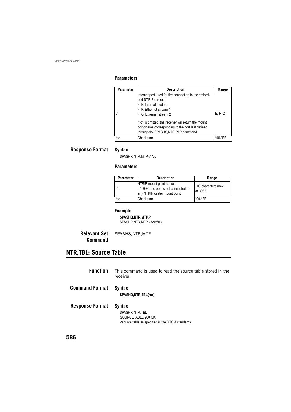 Response format, Relevant set command, Ntr,tbl: source table | Function, Command format | Spectra Precision ProFlex 800 Reference Manual User Manual | Page 600 / 748