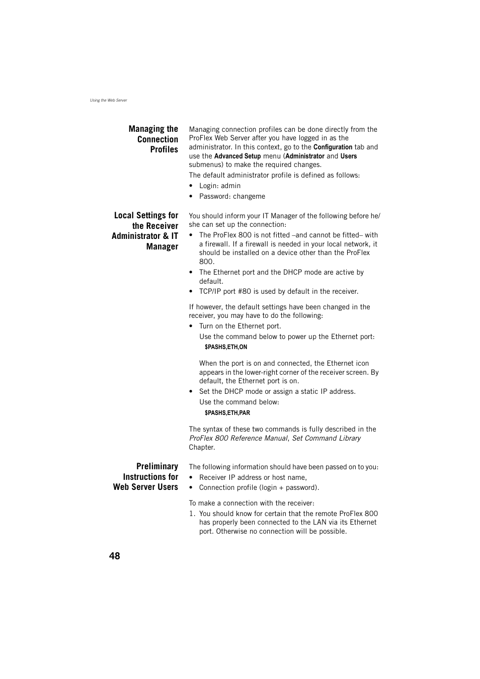 Managing the connection profiles, Preliminary instructions for web server users | Spectra Precision ProFlex 800 Reference Manual User Manual | Page 62 / 748