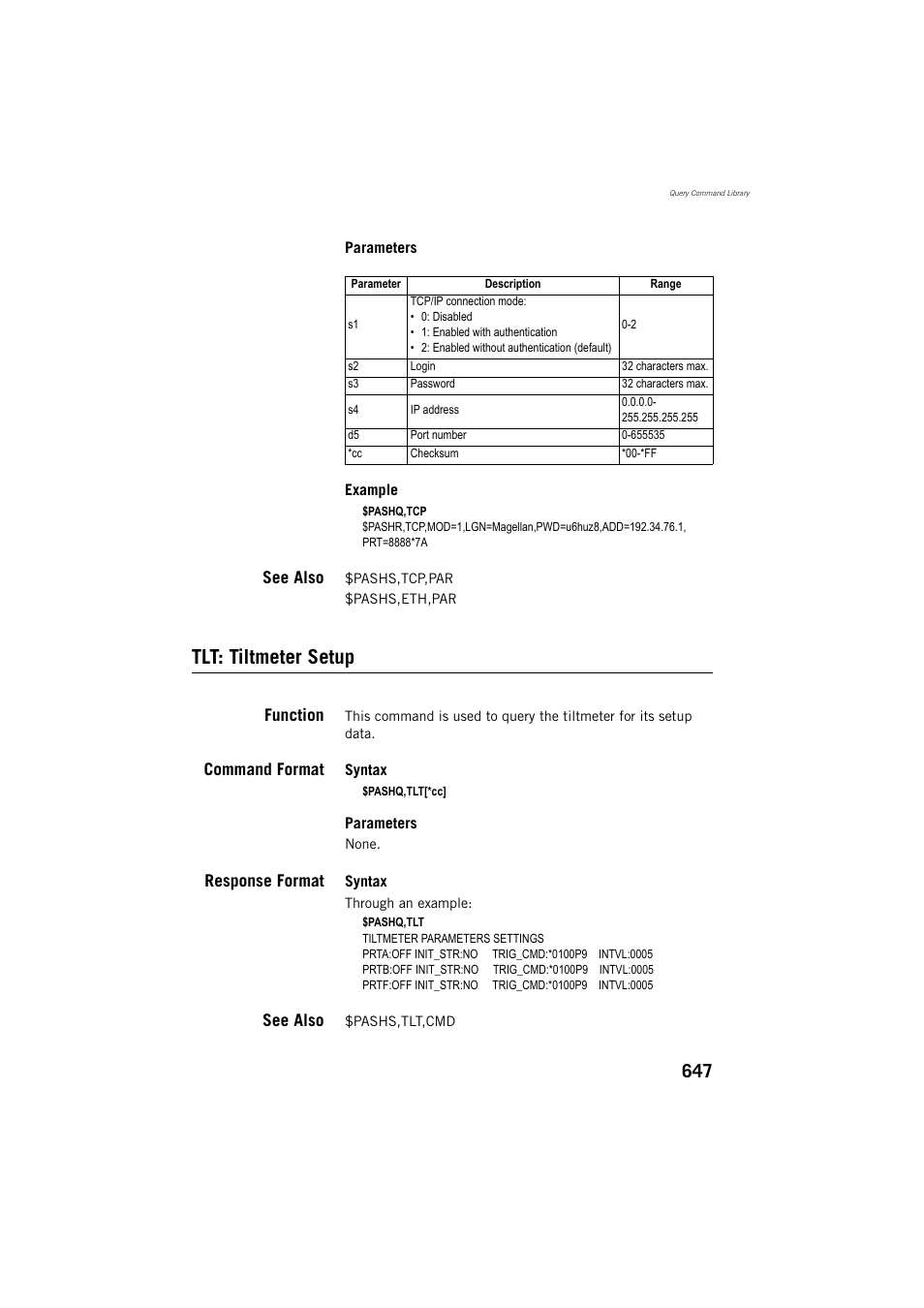 See also, Tlt: tiltmeter setup, Function | Command format, Response format | Spectra Precision ProFlex 800 Reference Manual User Manual | Page 661 / 748