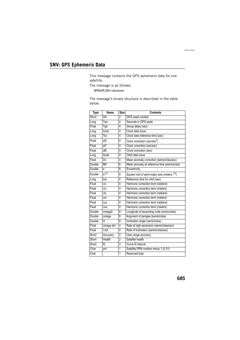Snv: gps ephemeris data | Spectra Precision ProFlex 800 Reference Manual User Manual | Page 699 / 748