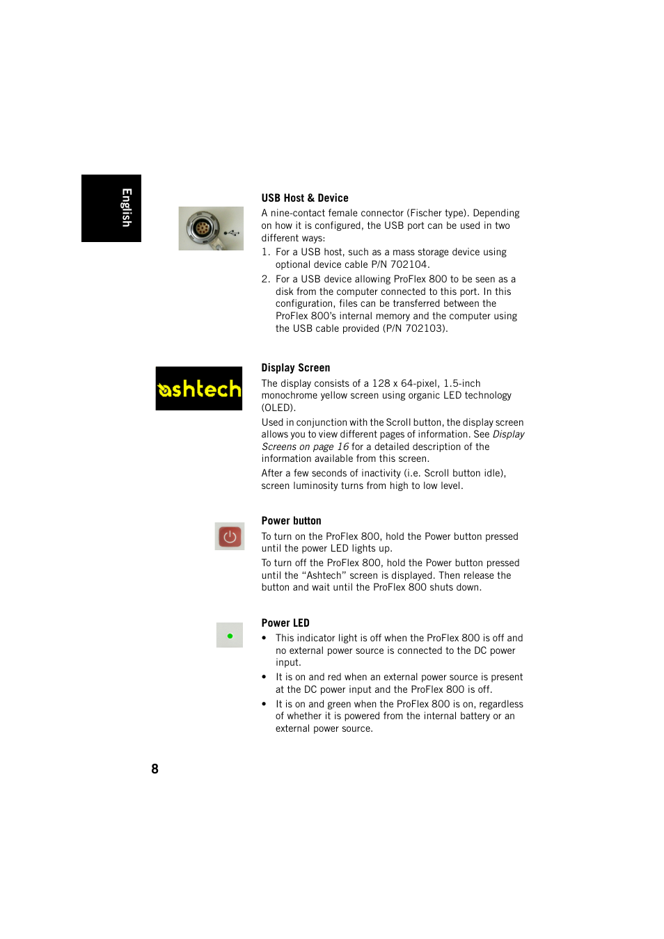 Usb host & device, Display screen, Power button | Power led | Spectra Precision ProFlex 800 Backpack User Manual | Page 12 / 38