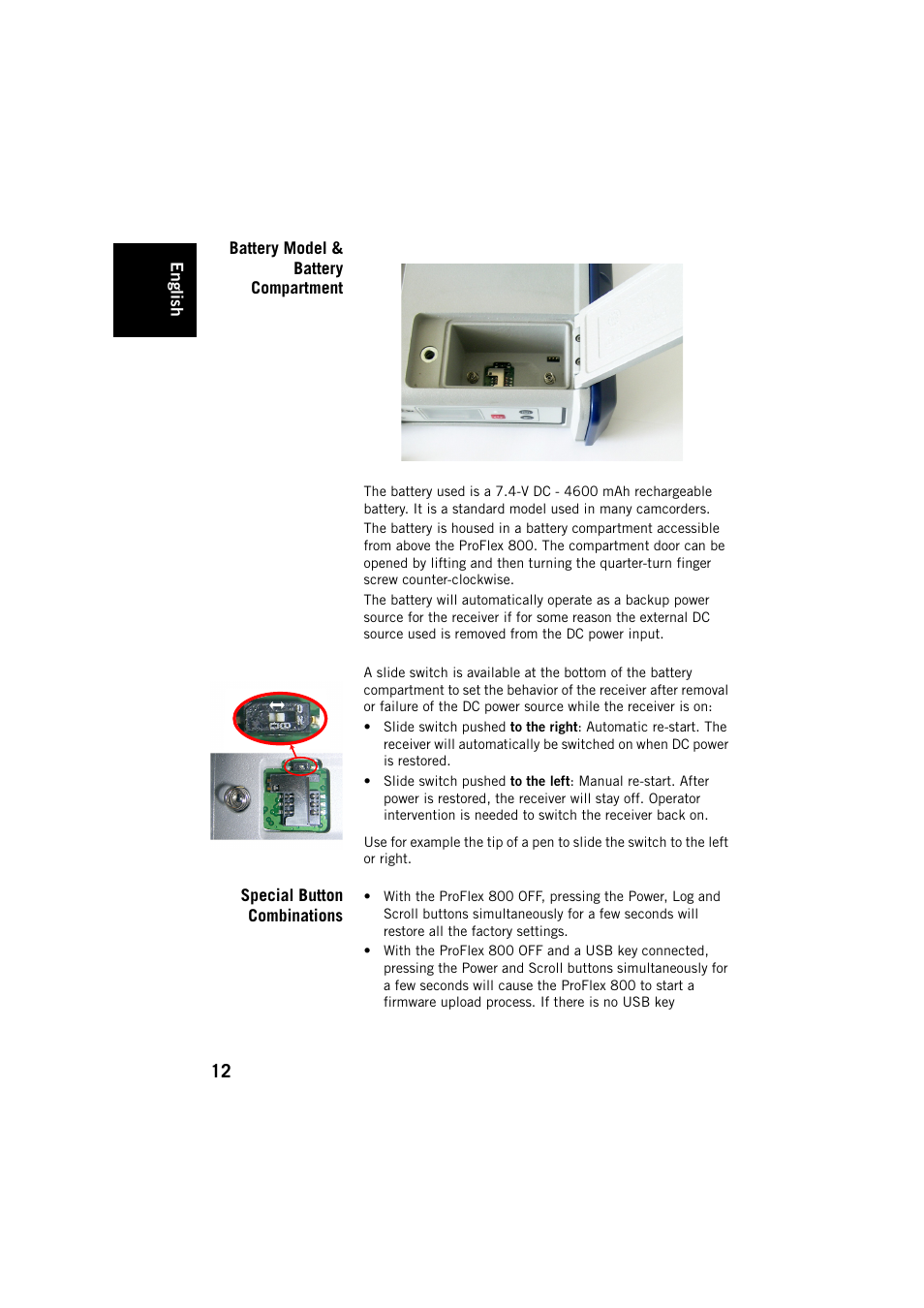 Battery model & battery compartment, Special button combinations | Spectra Precision ProFlex 800 Backpack User Manual | Page 16 / 38