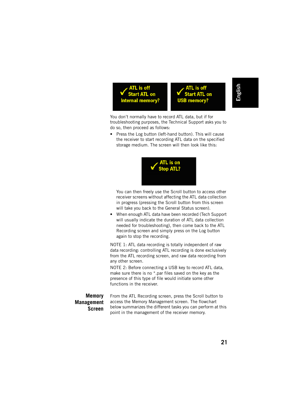 Memory management screen | Spectra Precision ProFlex 800 Backpack User Manual | Page 25 / 38