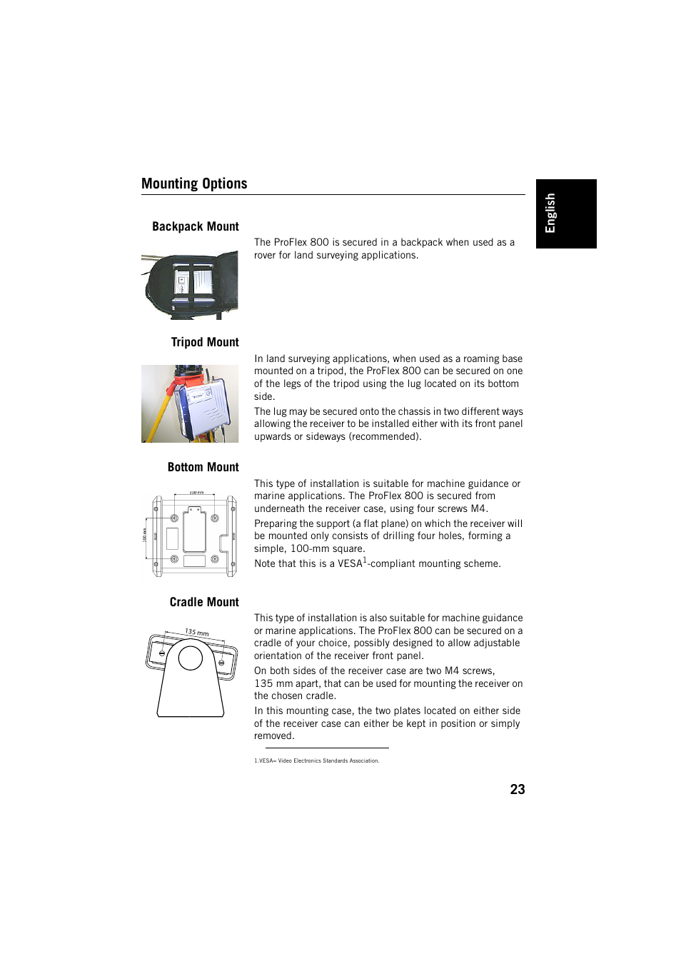 Mounting options, Backpack mount, Tripod mount | Bottom mount, Cradle mount | Spectra Precision ProFlex 800 Backpack User Manual | Page 27 / 38